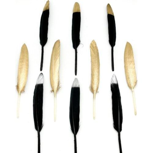 10Pcs/lot Black With Gold Color Goose/Duck Feathers 10-15cm/4-6inches Wedding Bouquet Decoration Craft For DIY Home Decoration