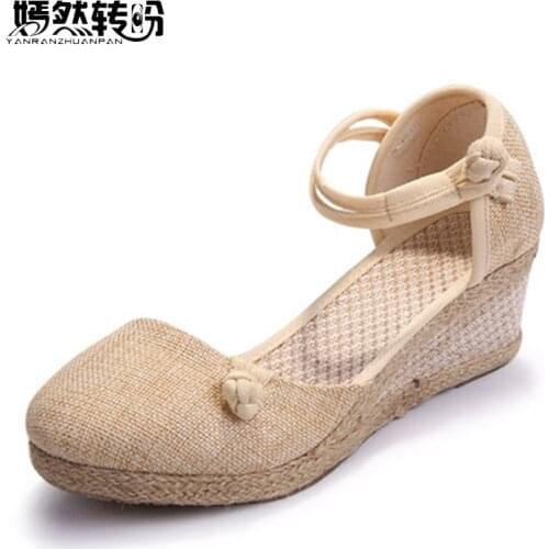 2021 Summer Vintage Women Sandals Casual Linen Canvas Wedge Sandals Spring Ankle Strap Med Heel Platform Pump Espadrilles Shoes