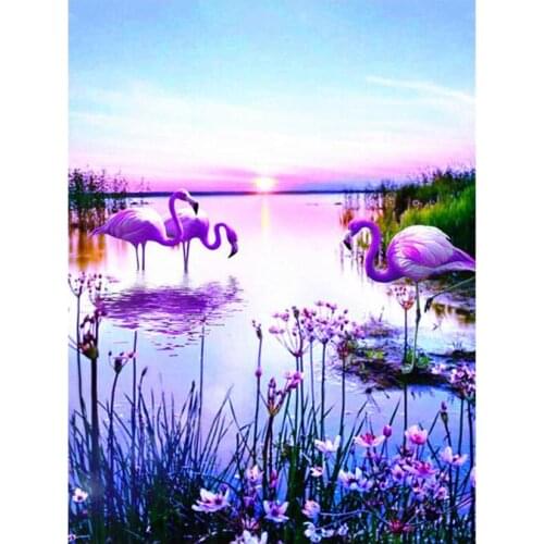 Flamingo diamond mosaic lake birds embroidery painting landscape rhinestone wall sticker decor diamond art needlework handcraft