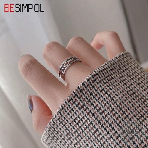 Besimpol Real s925 Sterling Silver Ring Vintage Hollow Out Twist Intertwining Adjustable Open Rings For Women Fine Jewelry Gifts