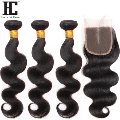 HC Brazillian Body Wave Bundles With Closure Human Hair Weave 3 Bundles With 4x4 Lace Closure Bleached Knots Non Remy 4 Pcs/lot