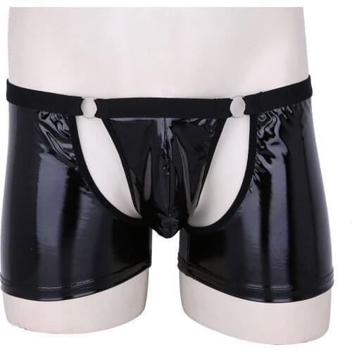 Men Boxer Shorts Porno Latex Sexy Lingerie Open Butt Penis Pouch Low Waist Underwear Wetlook Shiny PU Leather Hot Pants Bottoms