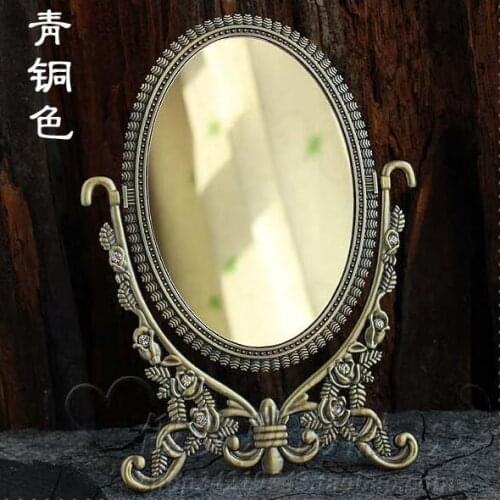 Double-face retro bronze foldable alloy metal table makeup dresser desktop cosmetic decorative mirror embossed frame espelho338C