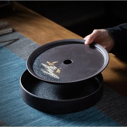 Ceramic Tea Tray Small Double-Layer Water Storage Type Dry Pour Tea Tray Japanese Household Round Tea Table Saucer Table Tray