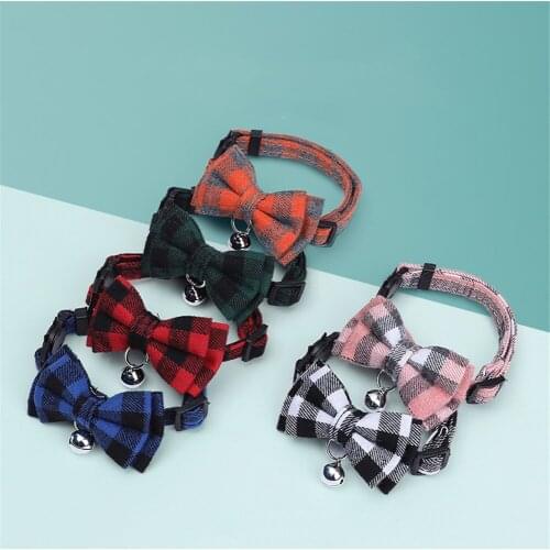 Plaid Bowtie Cat Collar With Small Bell Cute Kitten Necklace Safety Breakaway Puppy Collars Adjustable Pet Neck Strap 21-30cm