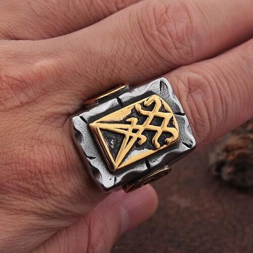 Gothic Satanic Cross Ring For Men Retro Stainless Steel Satan Pentagram Ring Fashion Cyclist Jewelry Gift Wholesale Size 7-13
