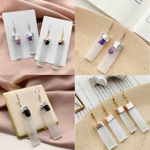 Korean Fashion Natral White Plaster Black Tourmaline Amethyst Long Earrings for Women 2021 Statement Wedding Party Earrings