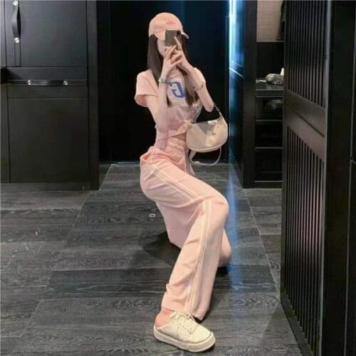 Summer Leisure Sports Suit Women Summer New Sportswear Short Waist High Waist Wide-Leg Pants Two-Piece Fitness Exercise Set
