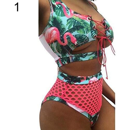 Hot 2Pcs/Set Women Lace Up Bikini Set Padded Bra Mesh Swimsuit Bathing Suit Swimwear