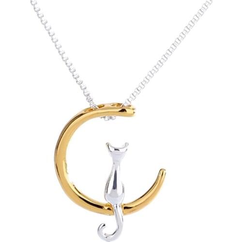 Hot Fashion Cat Moon Pendant Necklace Charm Gold Silver Color Link Chain Necklace For Pet Lucky Jewelry For Women Gifts
