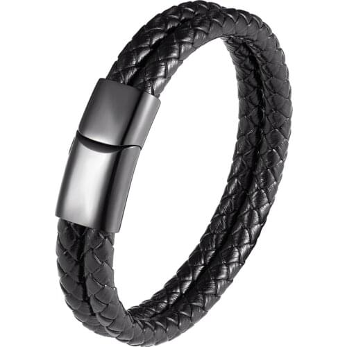 Trendy Double layer Genuine Leather Bracelets Male Stainless Steel Multilayer Braided Bracelets Male Bracelets Female Jewelry