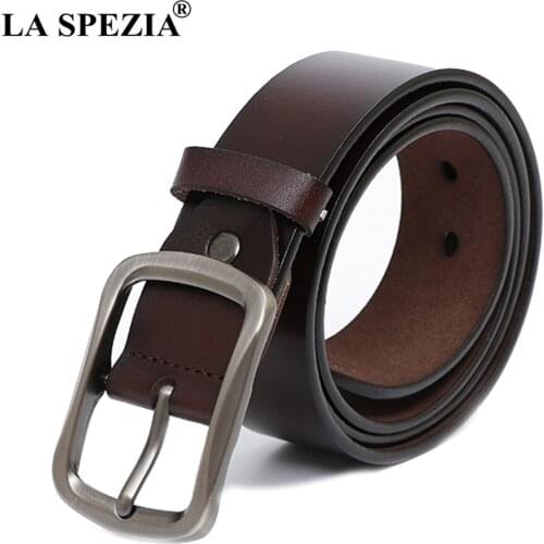 LA SPEZIA Coffee Belt For Men 2021 Vintage Genuine Leather Pin Buckle Belt Male Retro Solid Square Real Cowhide Leather Belt