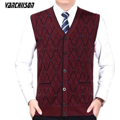 Men Knit Vest Buttons Down Basic Sweater Cardigan Sleeveless 19.7% Wool Vintage Casual for Autumn Winter Argyle V Neck A08191038