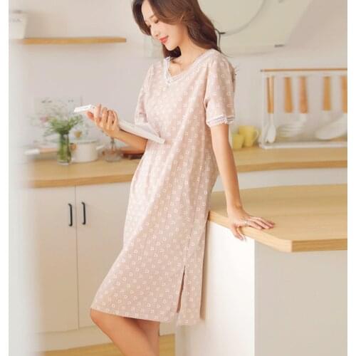 Letter Print Nightgowns For Women Sweet Lace V Neck Night Dress Full Cotton Short Sleeve Nightshirt Female Loose Sleepshirt
