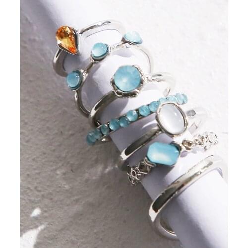 New Korea 7pcs/set Vintage Colorful Stone Metallic Chain Trendy Geometry Hit Rings Set for Women Girls Jewelry Water Drop Rings