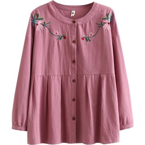 Autumn Women Shirts Ladies Chinese Style Tops Female Long Sleeve Blouses Embroidery Loose Plus Size Clothing T59 6002