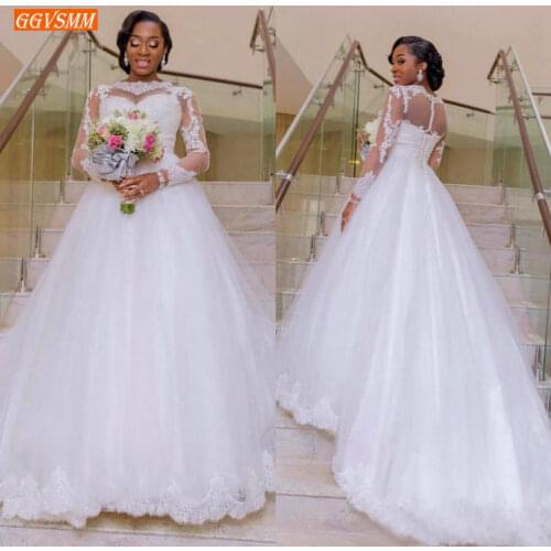 Excellent Nigerian Arabic Wedding Dresses Long Sleeve Illusion White Wedding Gown 2020 Tulle Lace Appliques African Bridal Dress