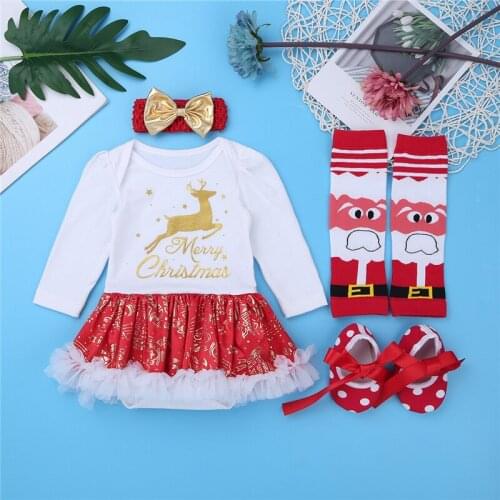 4PCS Infant Baby Girls Xmas Outfit Long Sleeves Elk Merry Christmas Printed Ruffled Romper Dress with Headband Leg Warmer Shoes