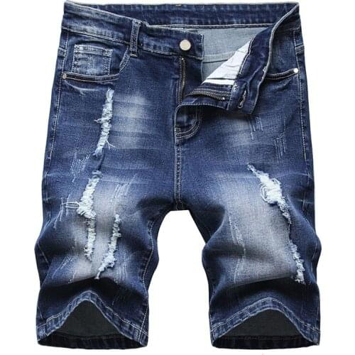 Ripped Mens Denim Shorts Summer Elasticity Hole Distressed Bermuda Male Stretch Knee Length Vintage Short Jeans