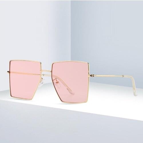 Square Flat Top Sunglasses Women Metal Brand Design Vintage Oversized Shades Pink Lens UV400 Women Fashion Sun glasses