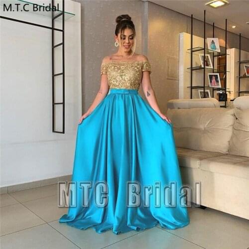 Light Blue Long Prom Dresses With Gold Lace Boat Neck Short Sleeves See Through Back Sexy Wedding Party Dress Plus Size Gowns