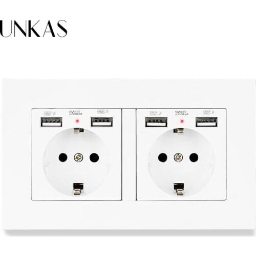 UNKAS Gray PC Plastic Panel 2 Gang EU Standard Wall Socket With Charge Port Hidden Soft LED Indicator 146MM * 86MM Outlet