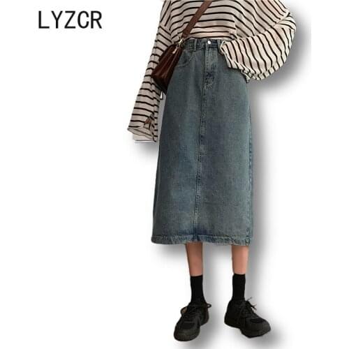 LYZCR 2020 Fashion SKirt Denim Women High Waist Black Midi Long Denim SKirt Vintage Split Womens Jeans Skirts Female Summer