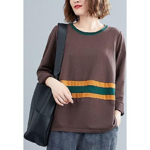 100% Cotton Women Casual T-shirts New Arrival 2020 Autumn Simple Style Patchwork Color Loose Female Long Sleeve Tops Tees S2189