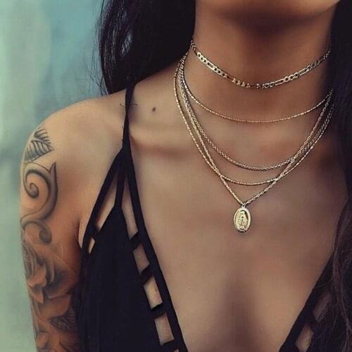 Retro Multi-layer Chain Virgin Mary Pendant Necklace for Women Vintage Gold Color Alloy Chain Necklace New Jewelry Gift