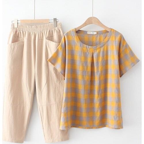 Plus Size Womens Summer 2pieces Sets Short Sleeve Plaid Tops + Elastic Waist Ankle Pants Suits