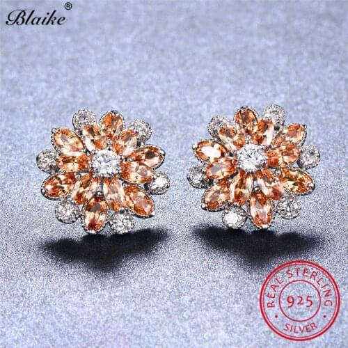 Blaike 100% Real 925 Sterling Silver Snowflake Stud Earrings For Women Champagne Zircon Topaz Birthstone Piercing Earrings Gift