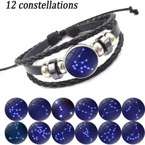12 Constellations Jewelry with Gemini Pisces Glass Cabochon Zodiac Sign Leather Charm Bracelet Bangle for Men Women Gift