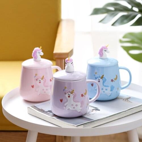 400ml Creative cartoon ceramic cute girl office cup unicorn with cover and Stainless steel spoon mug home minimalist water cups
