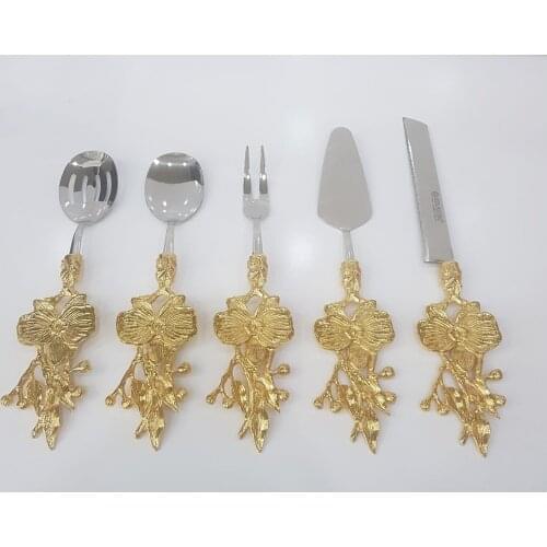 5 Piece Orchid Design Gold Colour Service Cutlery Metal Classical Design Flower Details Kitchen Use Food Tableware Presentation
