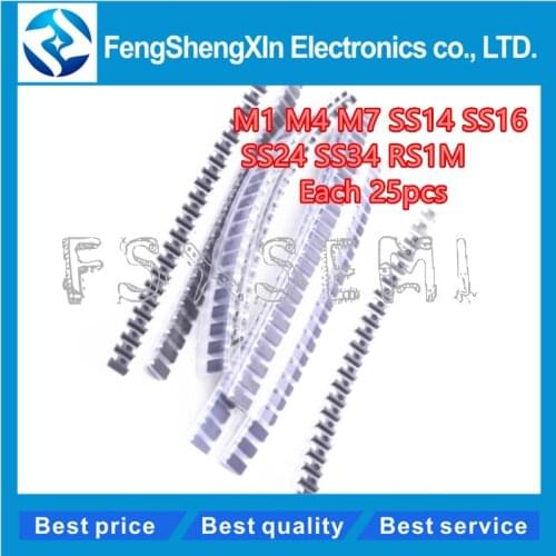 8values*25pcs=200pcs M1 M4 M7 SS14 SS16 SS24 SS34 RS1M Electronic Components Package Diode Assorted Kit electronic diy kit