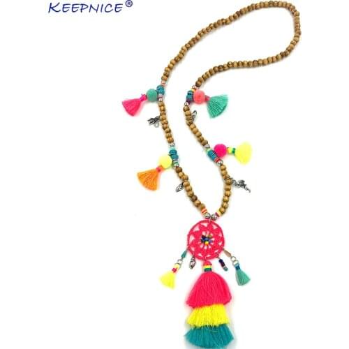 Handmade Bohemian Dream catcher necklace colorful long fringe tassel pendant Boho statement Necklace for women summer
