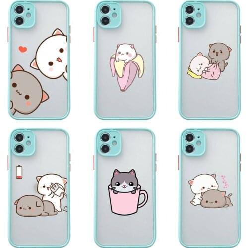 Couple Lovely Gray Cat Phone Case For iphone 12 11 Pro Max Mini XS 8 7 Plus X SE 2020 XR Matte Transparent Light blue Cover