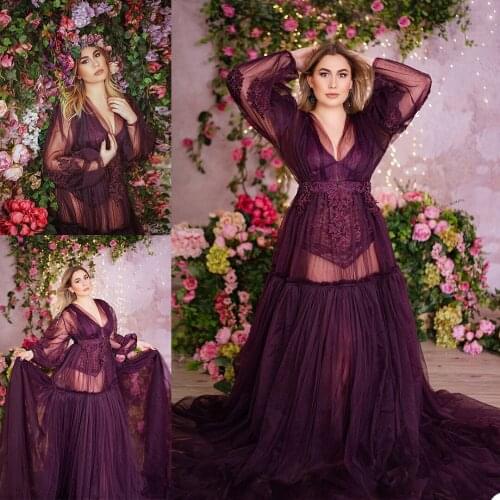Elegant Women Maternity Bathrobe Tiered Ruffles Tulle Long Sleeve Custom Made Pregnant Pajamas Photo Shoot Party Prom Gown