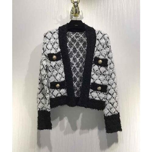 Cardigan Women Coat V-Neck Pockets Argyle Golden Button Short Knitted Sweater Fashion Cadigan 2021 Femme