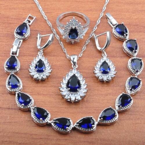 Bridal Jewelry Water Drop Blue Zirconia Silver Color Jewelry Set Earrings Necklace Pendant Rings Bracelet Set JS0394