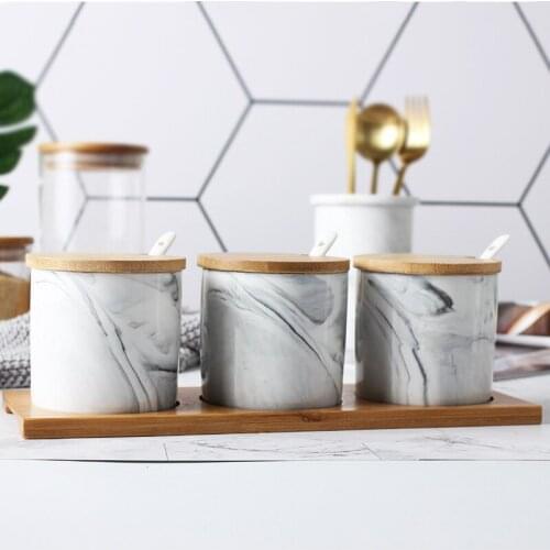 Marble Pattern Spice Container Jar Ceramic Salt Sugar Pepper Seasoning Box Canister Set Kitchen Accessories Spice Organizer Rack