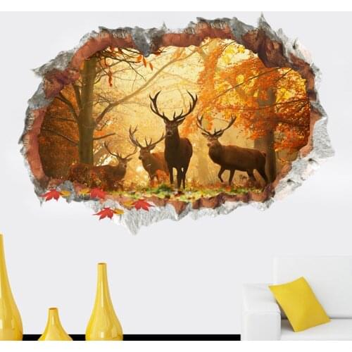 Forest Wild Deer Leaf Wall Stickers 3D Vivid broken Wall Decals Poster Mural Living Room Bedroom Home Decor