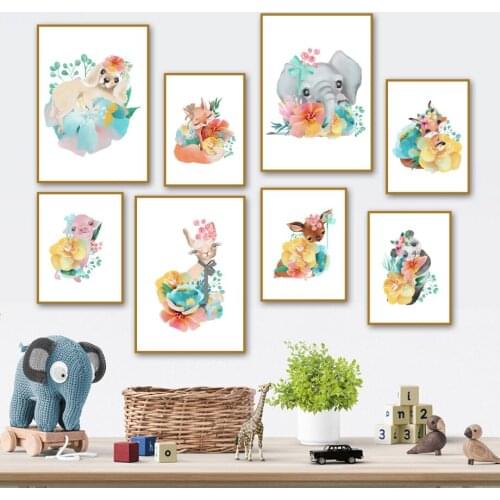 Cute Cartoon Colorful Flowers Pig Alpaca Nordic Posters And Prints Wall Art Canvas Painting Animal Wall Pictures Kids Room Decor