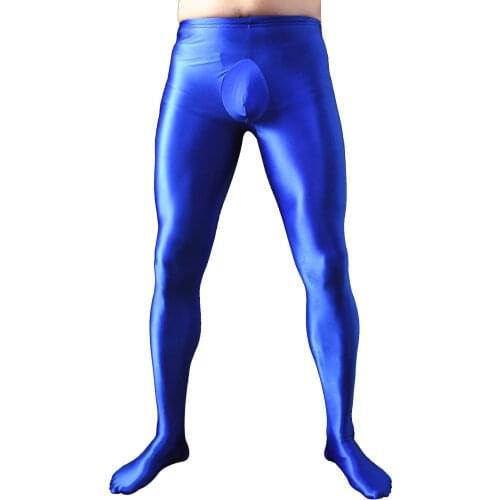Men Glossy Solid Color Pantyhose Bulge Pouch Tights Stockings Male Mid Waist Elastic Waistband Leggings Hot Pants for Nightclub
