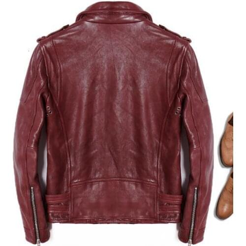 Mens Genuine Leather Jackets and Coats with Belts Winter Motorcycle Sheepskin Solid Red Color 2020 Luxury Brand Windbreaker Top