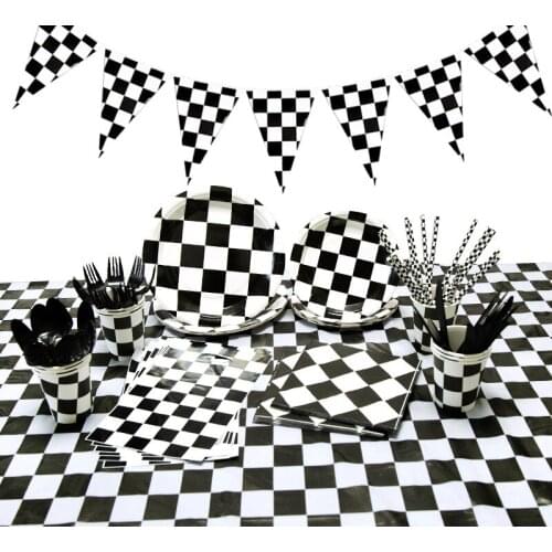 Black and white plaid Party Racing theme party Disposable tableware set Cup Plate Birthday Supplies Baby Shower Deco for Kids