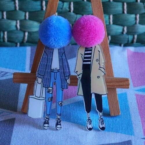 New Coming Woman Wool Ball Acrylic Brooch Diy Cute Cartoon Brooches Character Icons Lapel Pins Big Badges On Backpack Gifts