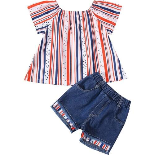 Girls Short-sleeved and Shorts Set Fashion Independence Day Stripe T-shirt and Stitching Denim Short Pants