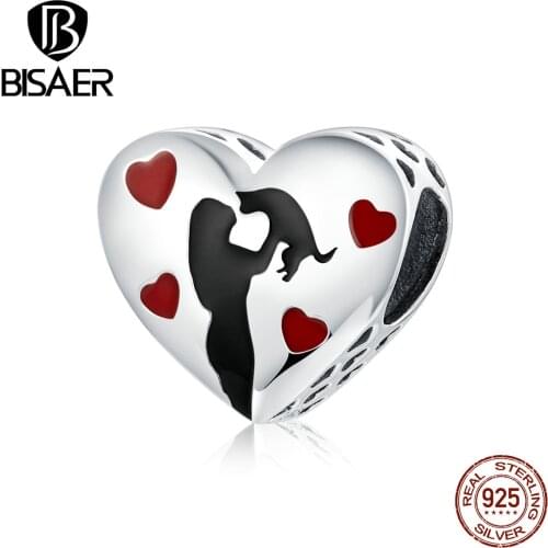 BISAER Heart Love Cat Charms 925 Sterling Silver Animal Kitty Cat Pendant Beads Fit Bracelet Necklace Friendship Jewelry ECC1508