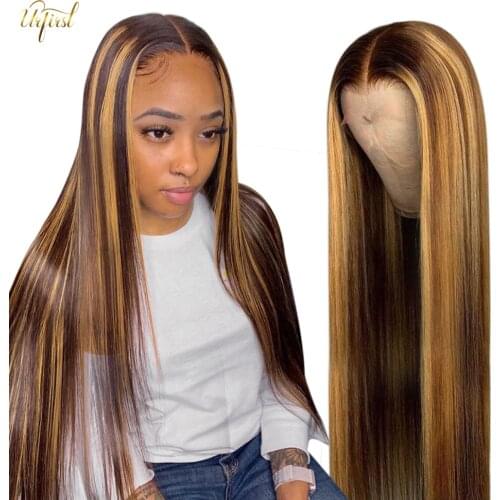 Highlight Wig Straight Ombre Wig Brazilian Transparent Lace Front Human Hair Wigs For Black Women P4/27 Middle T Part Wig Remy